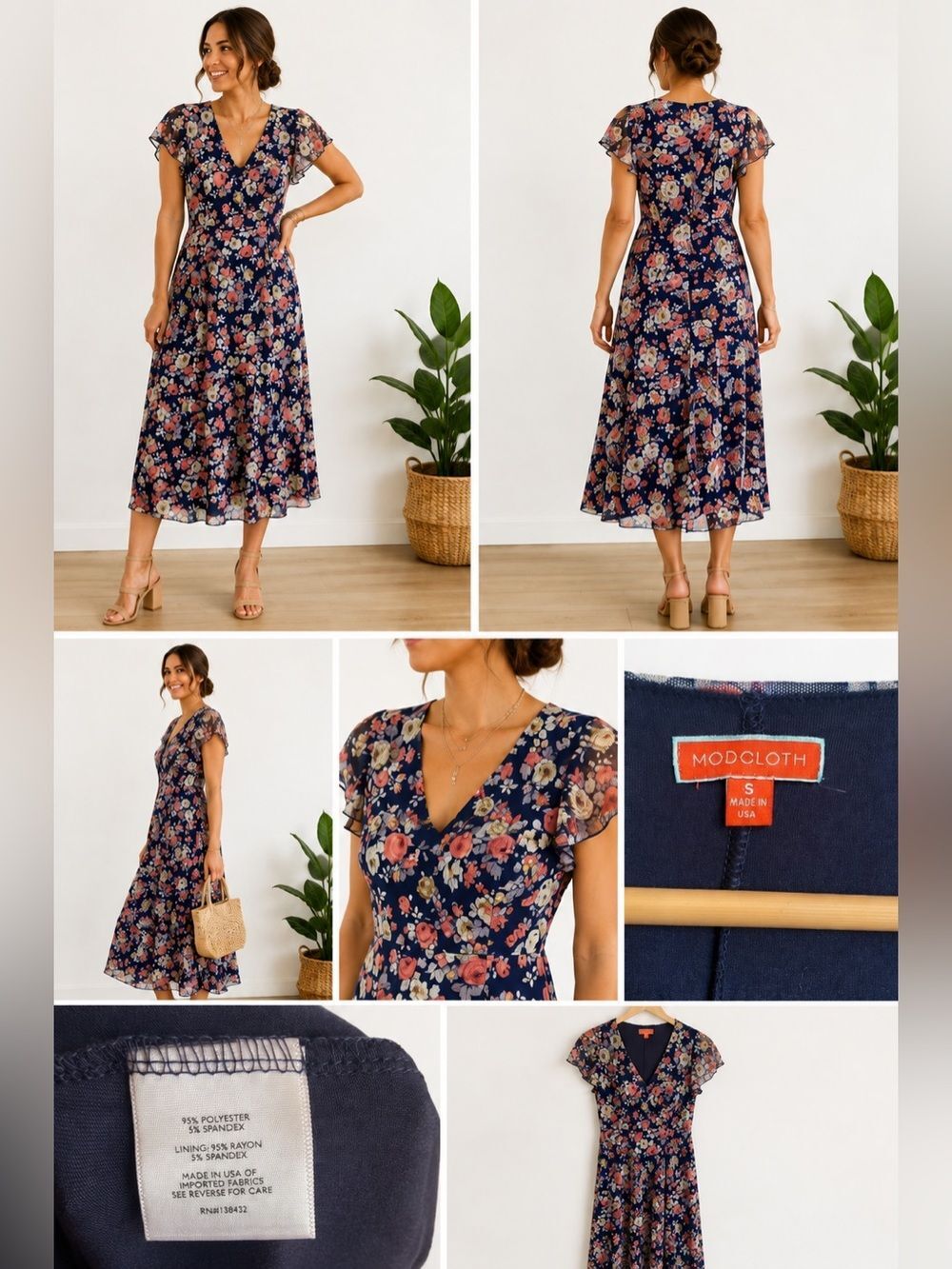ModCloth Navy Floral Flutter Sleeve Midi Dress Size Small Made in USA